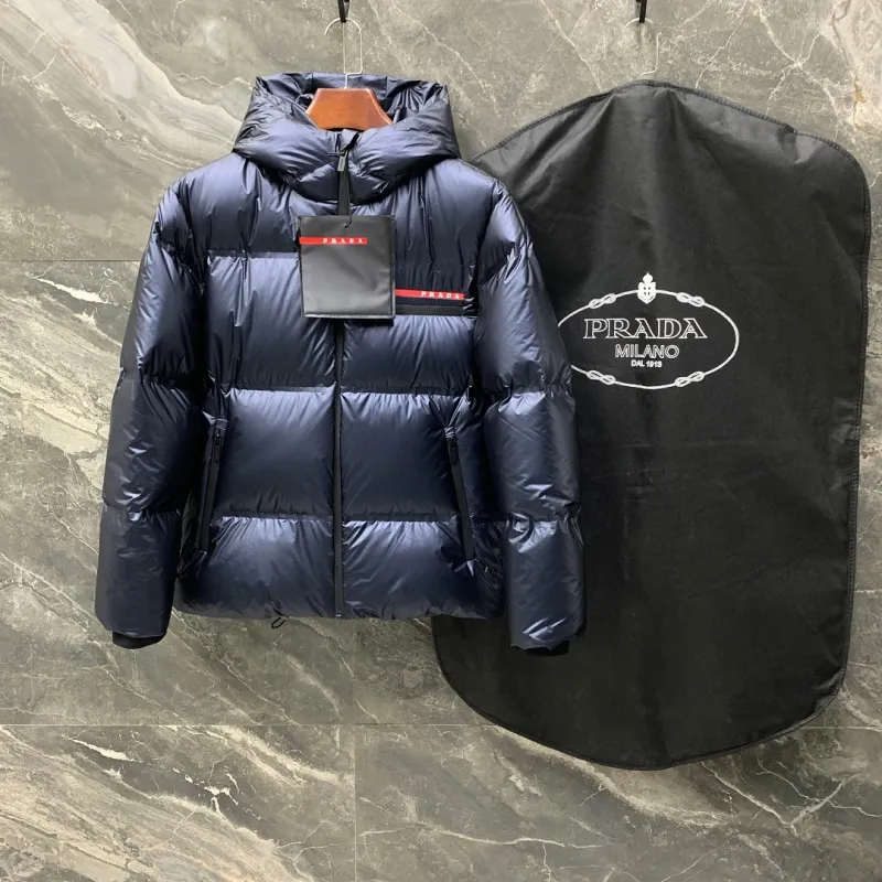 Prada Linea Rossa Puffer Jacket Blue 2026 | Drip Kickz Prada Linea Rossa Puffer Jacket Blue Front View