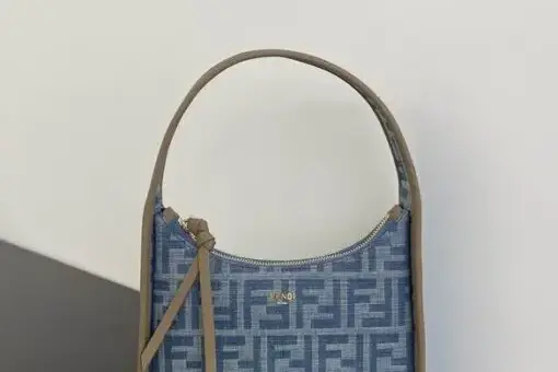 Fendi Baguette Bag Small Blue Canvas with FF monogram – luxury Fendi handbag in compact design.