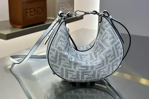 Fendi Baguette Hobo Bag Silver in jacquard with metallic finish – luxury designer handbag with iconic Fendi style.