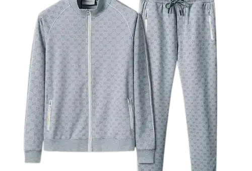 Gucci GG Monogram Tracksuit Grey – luxury designer two-piece set with GG monogram print, zip-up jacket, and matching jogger pants.
