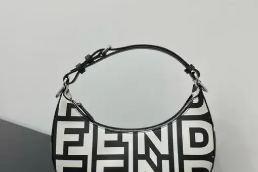 Fendi Moonlight Hobo Bag Black White with bold FF logo print – luxury designer hobo bag with versatile shoulder strap.