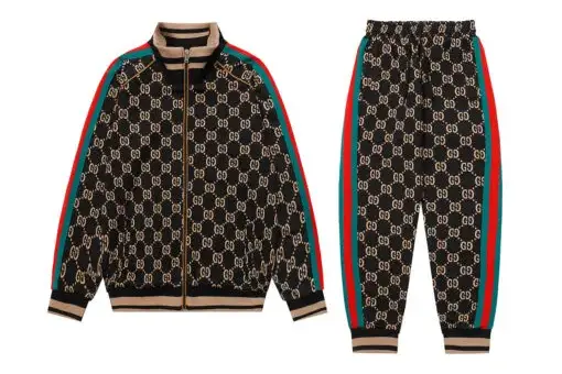 Gucci GG Supreme Monogram Tracksuit Brown – luxury tracksuit with iconic monogram print, zip jacket, and tapered trousers in brown tones.