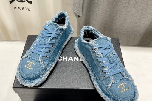 Chanel Denim Suede Calfskin CC Sneakers Sky Blue