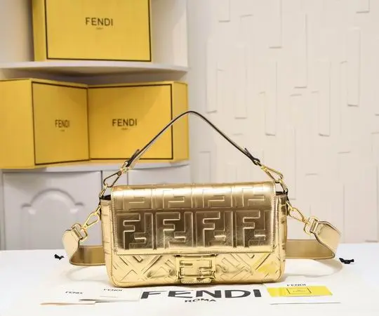Fendi Baguette Bag Gold 2026 | Drip Kickz Fendi Baguette Bag Gold with FF logo – luxury designer handbag with shimmering finish and versatile strap.