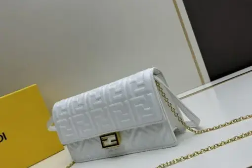 Fendi Baguette Chain Bag White in embossed leather with gold hardware – luxury designer handbag with chain strap.