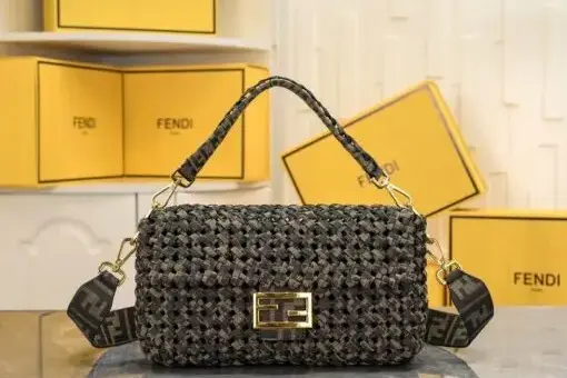 Fendi Baguette Bag Beaded Tweed with intricate beadwork and FF clasp – luxury designer handbag and collectible piece.