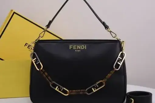 Fendi Kan I F Shoulder Bag Black – luxury leather handbag with gold chain strap and iconic FF details.