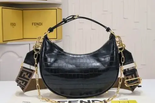 Fendi Moonlight Shoulder Bag Black Crocodile – luxury crocodile-embossed leather handbag with gold hardware and curved silhouette.
