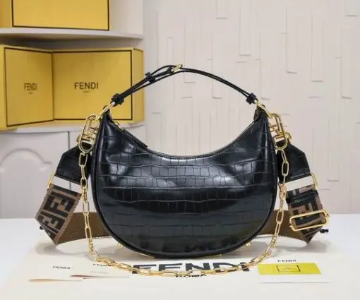 Fendi Moonlight Shoulder Bag Black Crocodile 2026 | Drip Kickz Fendi Moonlight Shoulder Bag Black Crocodile – luxury crocodile-embossed leather handbag with gold hardware and curved silhouette.