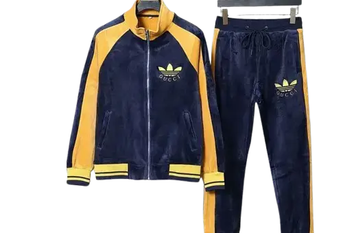 Gucci x Adidas Velvet Tracksuit Navy Yellow – luxury velvet sportswear set with iconic Adidas stripes and Gucci collaboration details.