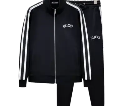 Gucci Tracksuit Black With White Side Stripes – luxury black designer sportswear set with zip jacket and tapered pants featuring bold white stripes.