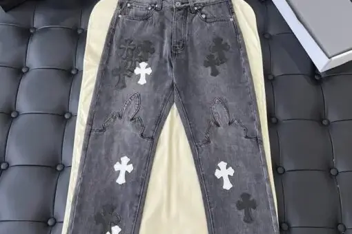 Chrome Hearts Black and White Cross Embroidered Applique Jeans