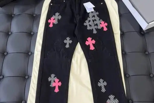 Chrome Hearts Pink and White Cross Embroidered Applique Jeans
