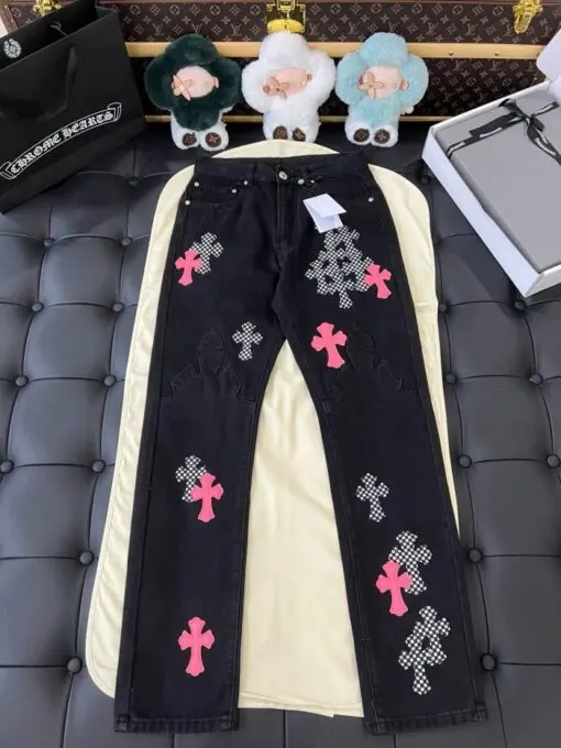Chrome Hearts Pink and White Cross Embroidered Applique Jeans 2026 | Drip Kickz Chrome Hearts Pink and White Cross Embroidered Applique Jeans