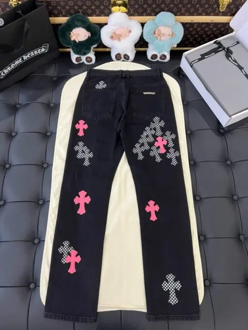 Chrome Hearts Pink and White Cross Embroidered Applique Jeans 2026 | Drip Kickz Chrome Hearts Pink and White Cross Embroidered Applique Jeans - Image 2