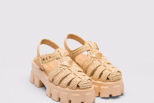 Prada Monolith Crochet Cage Sandals Natural – luxury summer sandals with crochet cage design and chunky monolith sole