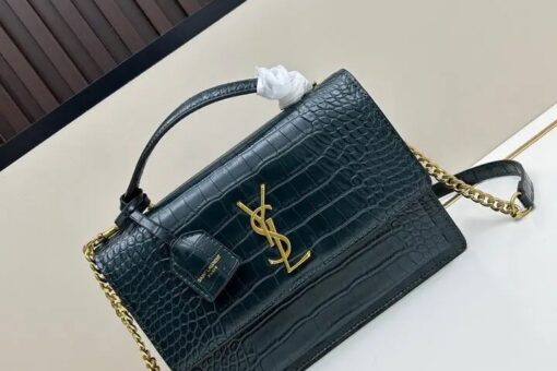 YSL Sunset Medium Chain Bag in Crocodile Green