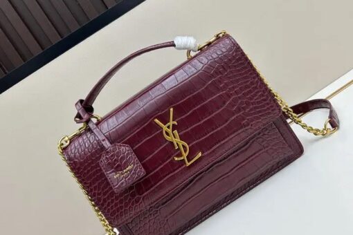 YSL Sunset Medium Chain Bag in Crocodile Maroon
