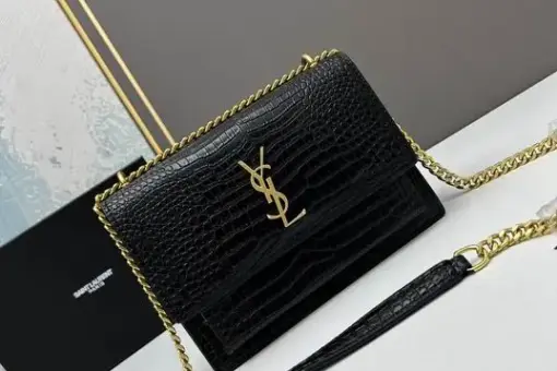 YSL Sunset Shoulder Bag 22cm Crocodile Black