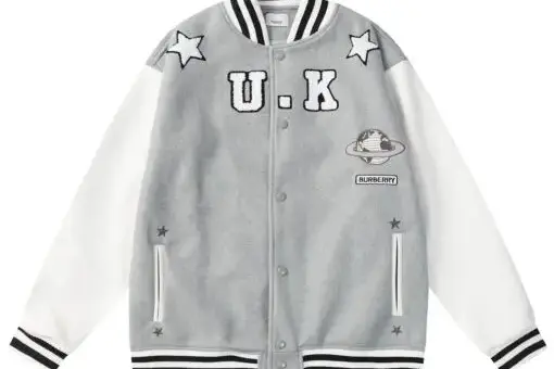 Burberry Leather Sleeve Technical Wool Varsity Jacket Grey/White