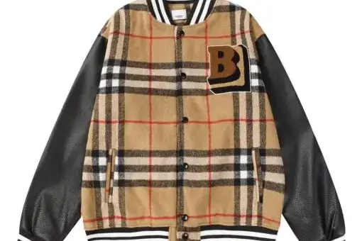 Burberry Checked Leather Sleeve Bomber Jacket Brown