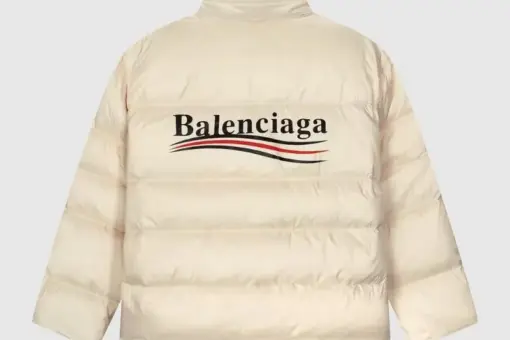Balenciaga Puffer Jacket Cream front and back – oversized cream jacket with Balenciaga logo, luxury streetwear design