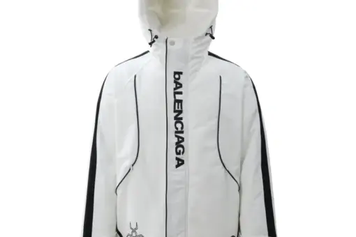 Balenciaga Windbreaker Jacket White front view – white water-resistant jacket with Balenciaga logo, luxury streetwear outerwear