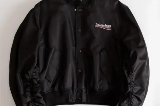 Balenciaga Bomber Jacket Black front view – black nylon bomber jacket with Balenciaga logo, luxury streetwear design