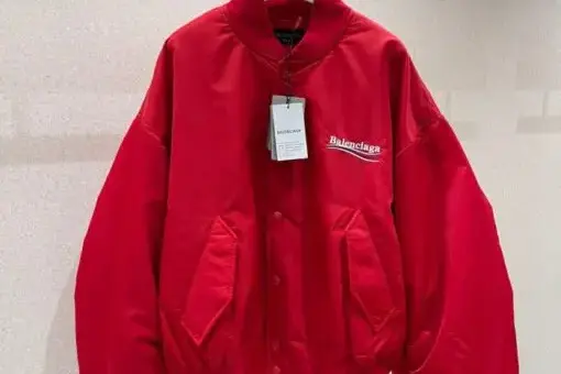 Balenciaga Bomber Jacket Red front view – red nylon bomber jacket with Balenciaga logo, oversized luxury streetwear style