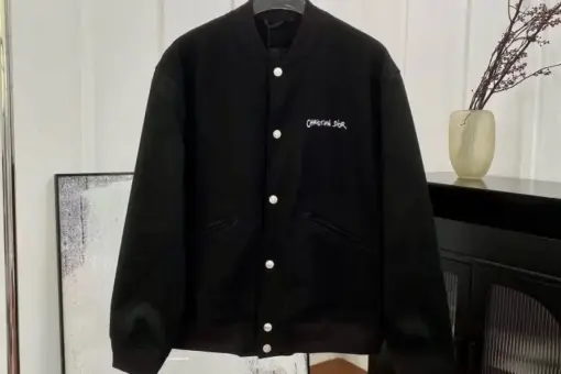 Dior College Jacket Black White Button front view – black varsity jacket with white buttons and Dior logo, luxury streetwear design