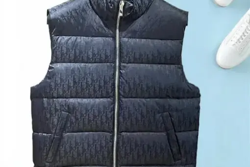 Dior Vest Down Jacket Navy Blue front view – navy nylon down vest with Dior logo patch, lightweight luxury outerwear