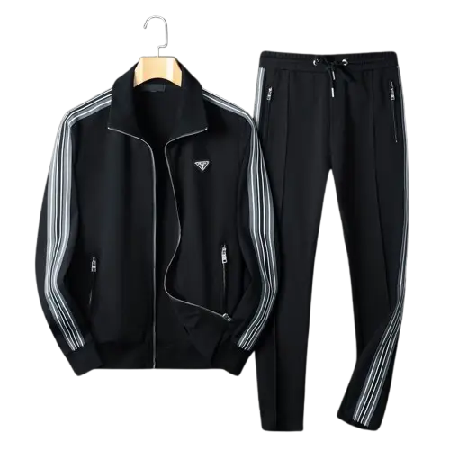 Prada Grey Stripe Tracksuit Black 2026 | Drip Kickz Prada Grey Stripe Tracksuit Black