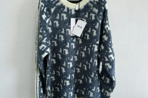 Dior Oblique Knit Sweater Navy Beige front view – navy and beige jacquard knit with Dior Oblique pattern, luxury designer sweater