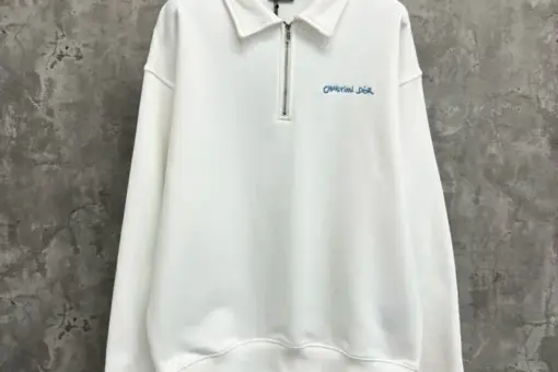 Dior Half Zip Sweater White front view – white cotton half-zip pullover with Dior logo embroidery, luxury casual wear
