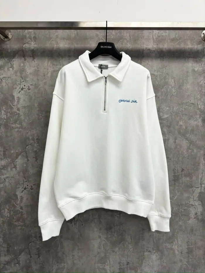 Dior Half Zip Sweater White 2026 | Drip Kickz Dior Half Zip Sweater White front view – white cotton half-zip pullover with Dior logo embroidery, luxury casual wear