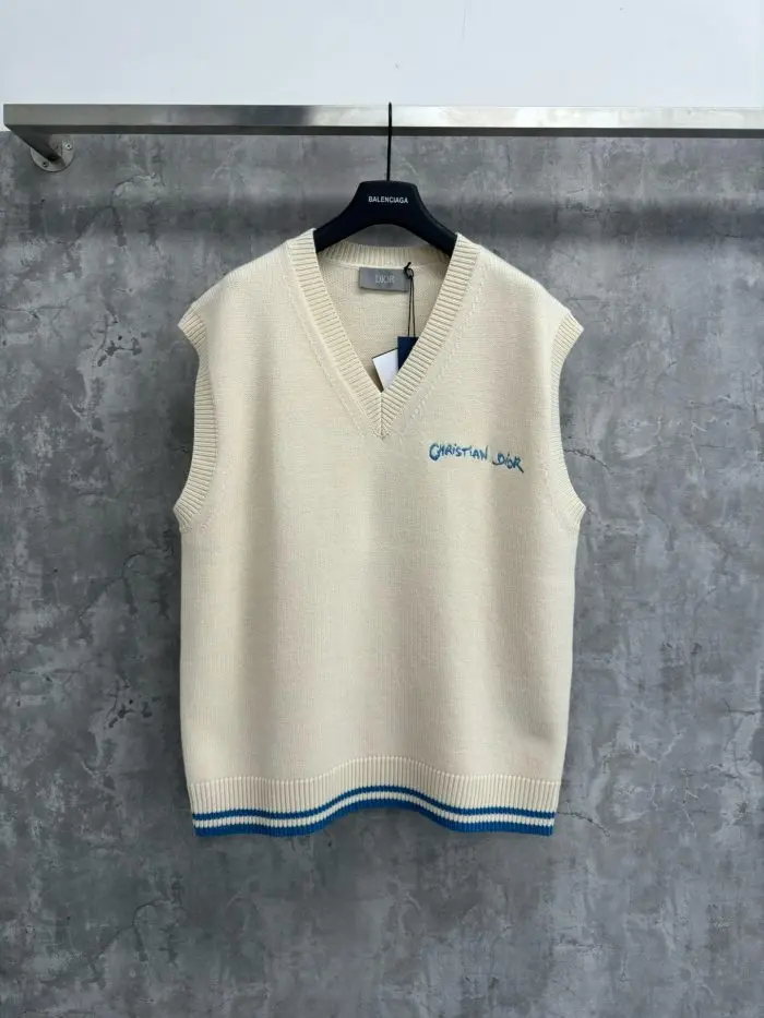 Dior Sweater Vest Cream 2026 | Drip Kickz Dior Sweater Vest Cream front view – cream wool-cotton sleeveless knit with Dior logo, luxury minimalist design