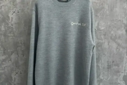 Dior Knit Sweater Grey front view – grey wool-cotton knit sweater with Dior logo embroidery, luxury designer pullover