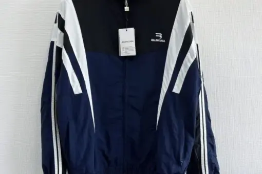 Balenciaga Track Jacket Navy Blue front view – navy blue technical track jacket with white stripes and Balenciaga logo, luxury streetwear style