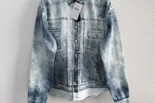 Dior Denim Jacket Used-Washed front view – blue washed denim jacket with Dior embroidery and vintage finish, luxury casual outerwear