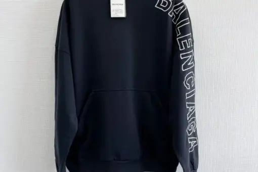 Balenciaga Hoodie Logo Sleeve Logo Black front view – black oversized hoodie with Balenciaga sleeve logo, luxury streetwear design