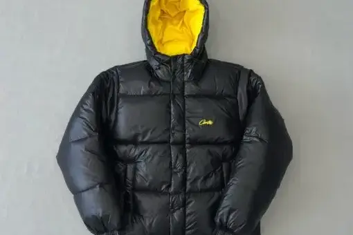 Trapstar Corvidae Puffer Jacket Black & Yellow front view