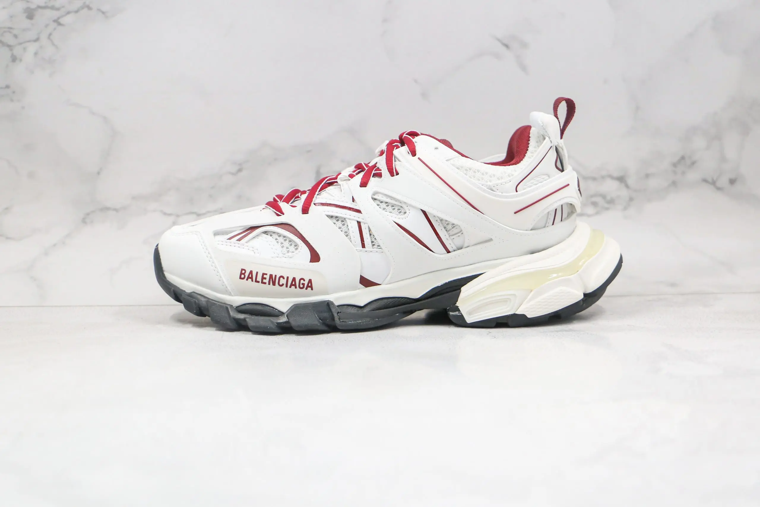 BALENCIAGA Track Mule Clear Sole Sneakers White Red 2026 | Drip Kickz BALENCIAGA Track Mule Clear Sole Sneakers White Red