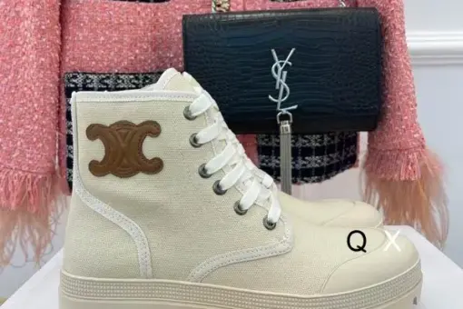 Celine Patapans Canvas Lace-Up Boots Beige