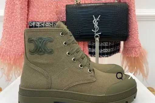 Celine Patapans Canvas Lace-Up Boots Moss Green