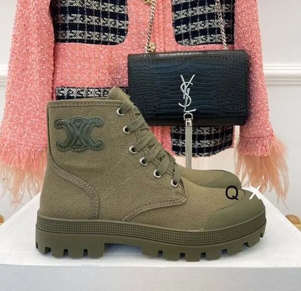 Celine Patapans Canvas Lace-Up Boots Moss Green 2026 | Drip Kickz Celine Patapans Canvas Lace-Up Boots Moss Green