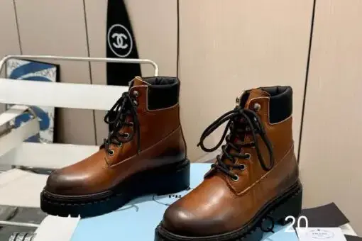 Prada Leather & Re-Nylon Work Boots Brown