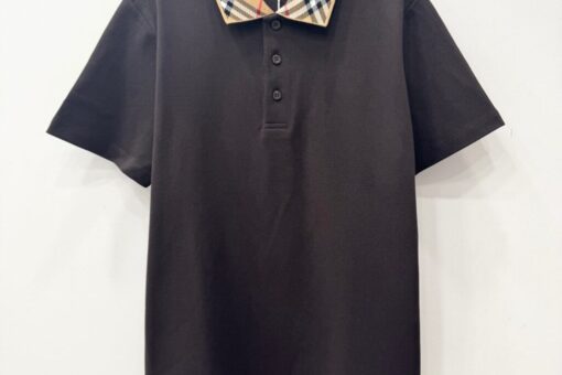 Burberry Check Collar Cotton Polo Shirt Black