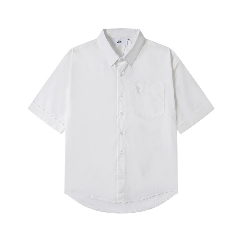 Ami Paris Embroidery Outline Loose Short-Sleeved Commuter Versatile Shirt White 2026 | Drip Kickz Ami Paris Embroidery Outline Loose Short-Sleeved Commuter Versatile Shirt White