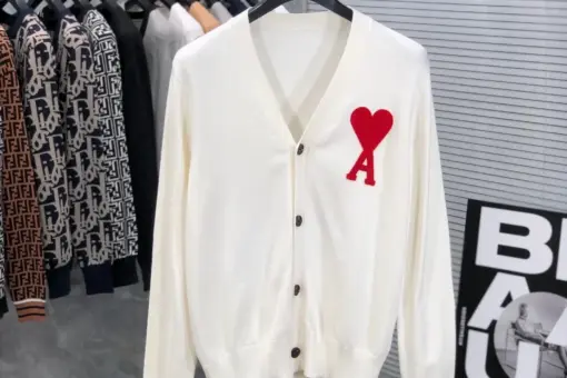 Ami Paris Large A Heart Cardigan White & Red
