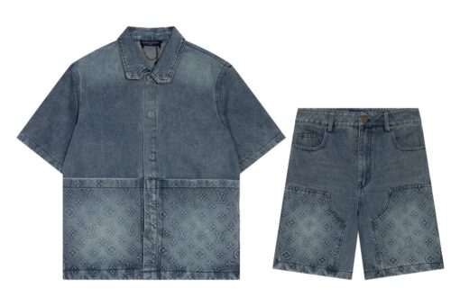 LV Monogram Jacquard Denim Short-Sleeved Shirt And Shorts Set